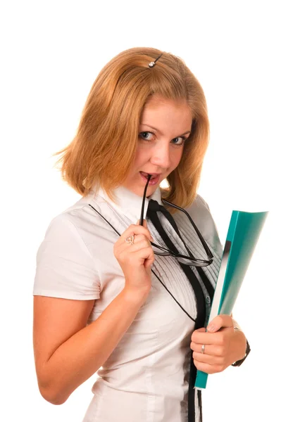 stock image Business woman holding green folder over white