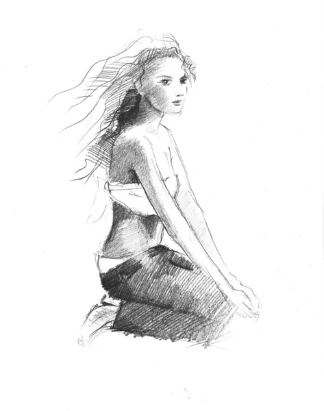 Uma menina com um longo cabelo ondulado — Fotografia de Stock