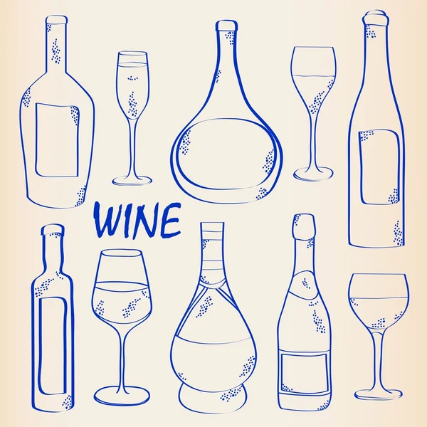 Ručně kreslenou víno a skleničky sada ikon — Stockový vektor