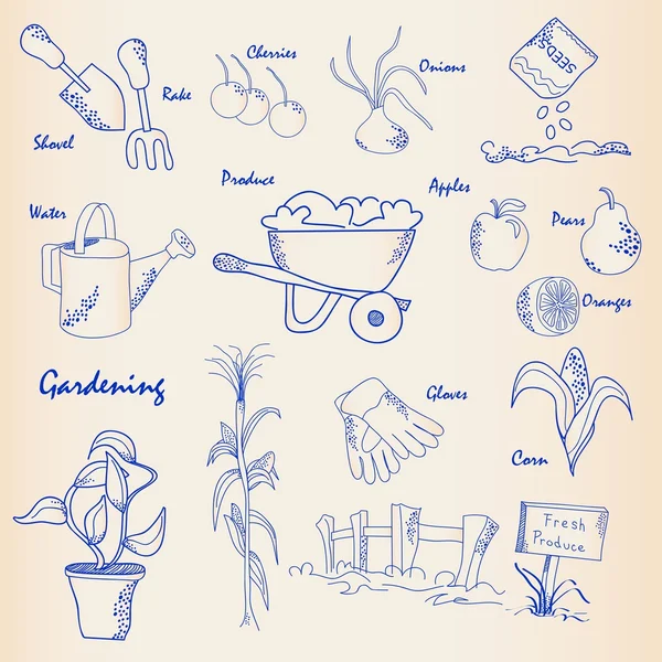 Ensemble d'icône de jardinage dessiné à la main — Image vectorielle