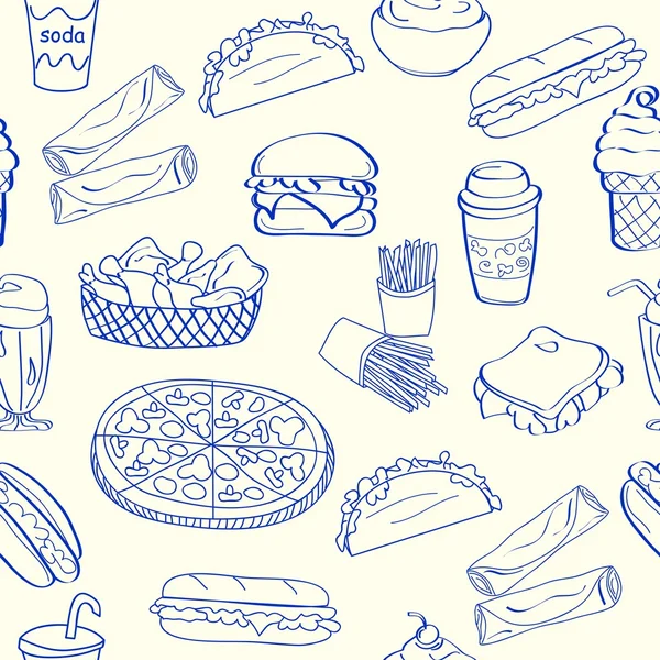 Ícones de fast food sem costura desenhados à mão — Vetor de Stock
