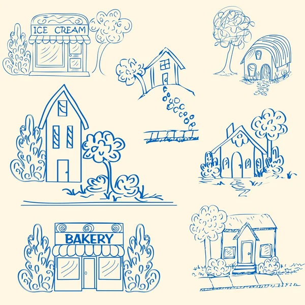 Hand Drawn Houses Icon Set — Stock Vector