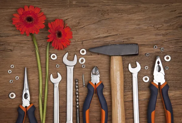 Set of different tools with flowers — Stock Photo, Image