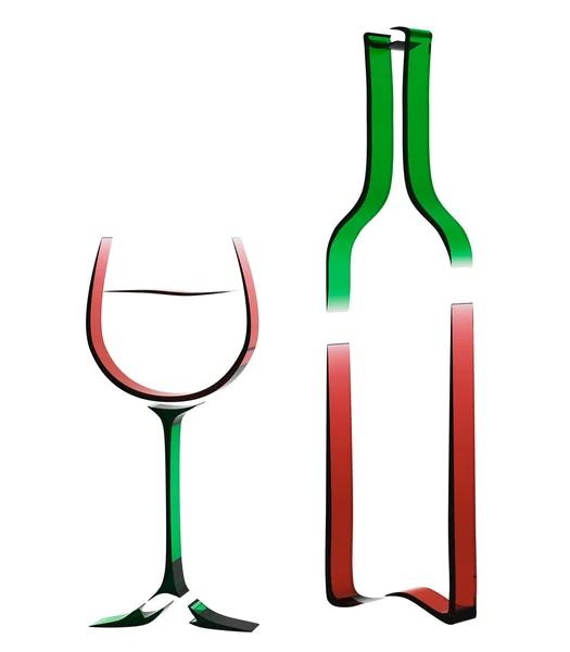 一瓶酒和一杯设计葡萄酒列表或菜单的轮廓三维图. — 图库照片#