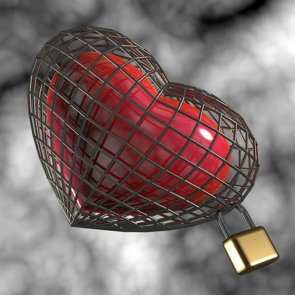 Coração em uma jaula com um cadeado . — Fotografia de Stock