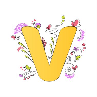 Colorful floral alphabet. Letter V clipart