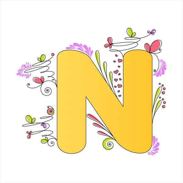 Colorful floral alphabet. Letter N — Stock Vector