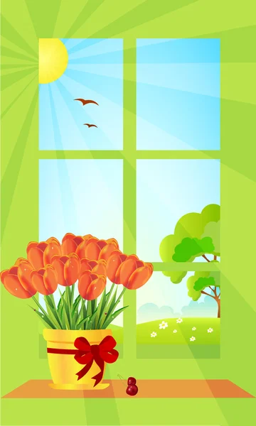 束美丽的郁金香在春天中的一个窗口 — 图库矢量图片