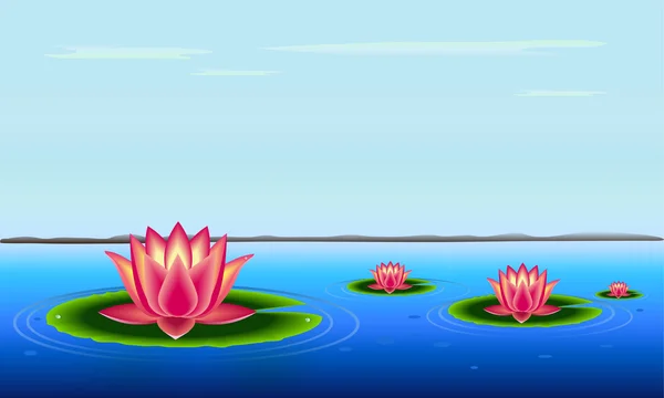 Belo lago tranquilo com flores — Vetor de Stock