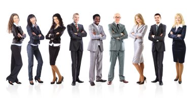 Business team formed of young businessmen standing over a white clipart