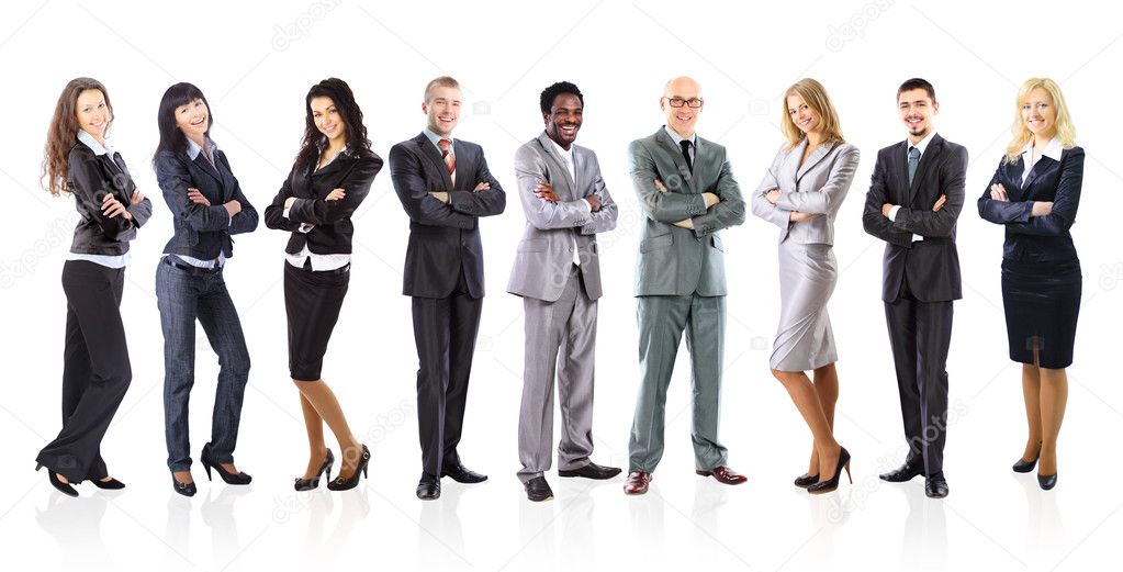 Business team formed of young businessmen standing over a white