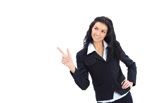 Happy young business woman pointing at something interesting — Stock Photo, Image