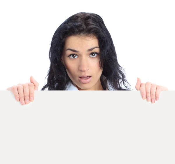 Business woman displaying with surprise a banner add — Stock Photo, Image