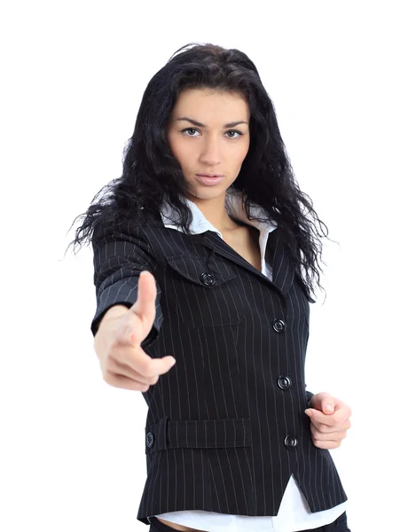 Young business woman point finger at you looking at camera — Stock Photo, Image