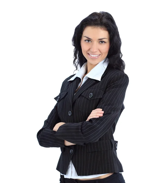 Junge glückliche Geschäftsfrau isoliert vor weißem Hintergrund Stockbild