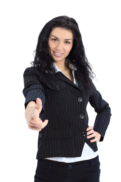 Giovane donna d'affari punta il dito verso di voi guardando la fotocamera — Foto Stock