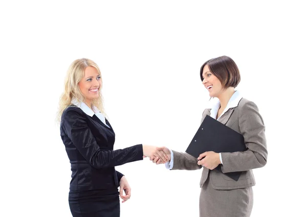 Szczęśliwy biznes kobieta drżenie rąk pozdrowienie jej kolega spotkanie biznesowe. — Zdjęcie stockowe