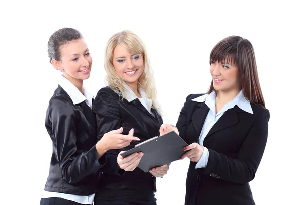 Portrait of three beautiful businesswomen discuss — Stock Photo, Image