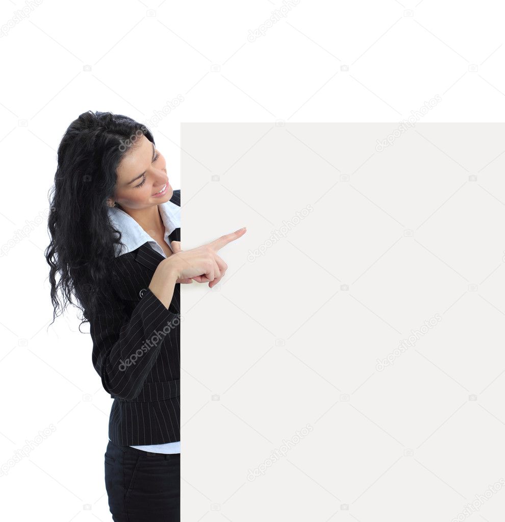 Happy smiling young business woman showing blank signboard, isolated