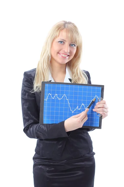 Affärskvinna som visar den uppåtgående trenden i ett grafiskt diagram. — Stockfoto