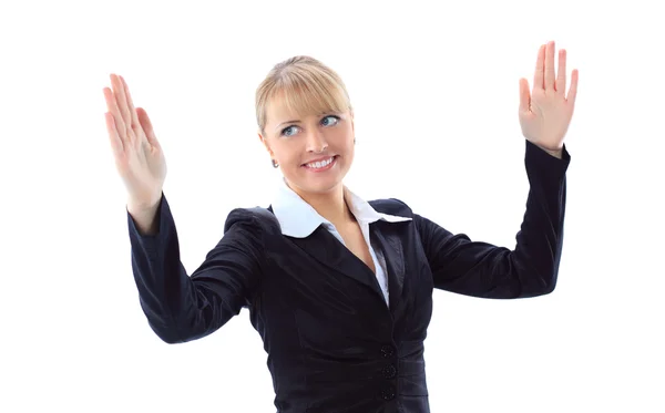 Business woman bragging about the size of something — Stock Photo, Image