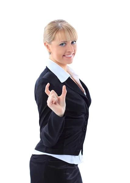 Mujer de negocios mostrando el tamaño de algo con la mano — Foto de Stock