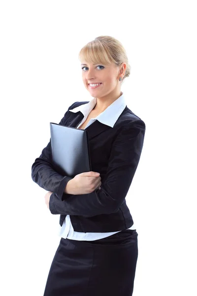 Γυναίκα των επιχειρήσεων απομονωμένες κρατώντας ένα φάκελο πάνω από λευκό — Φωτογραφία Αρχείου