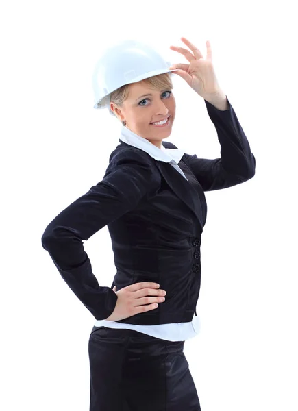 Retrato de la atractiva chica arquitecta con sombrero duro — Foto de Stock