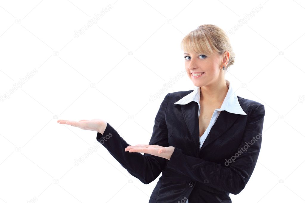 Happy young business woman pointing at something interesting