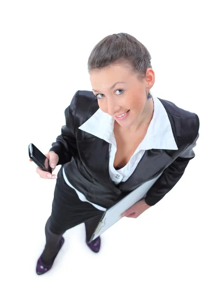 Foto ritratto di una donna d'affari al telefono su sfondo bianco — Foto Stock