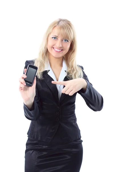 Kobieta pokazując i przekazanie przez telefon komórkowy. — Zdjęcie stockowe