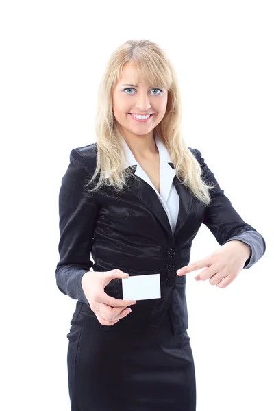 Businesswoman showing and handing a blank business card. — Stock Photo, Image