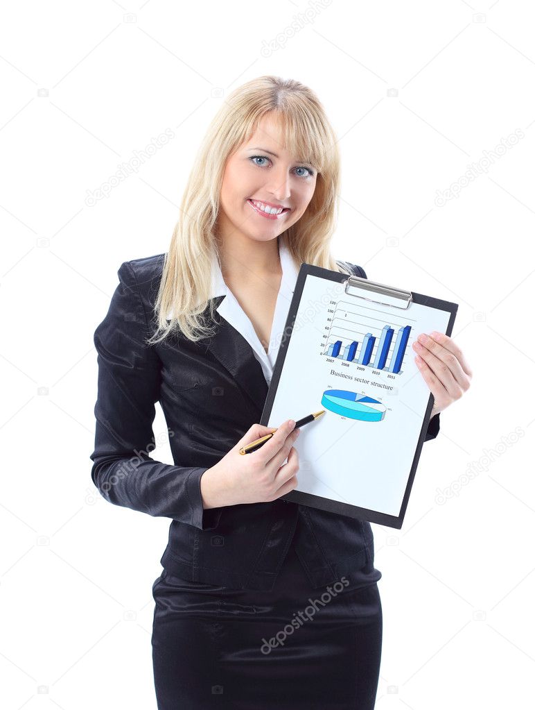 Business woman showing the upward trend of a graphic chart.