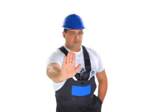 Мужчина строитель делает знак "стоп" — стоковое фото