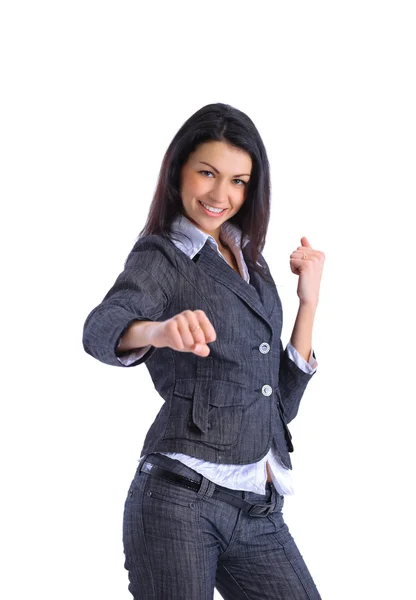 Mulher de negócios caucasiana em um terno, pronta para uma luta . — Fotografia de Stock