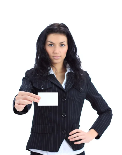 Gösterilen ve boş kartvizit uzatarak iş kadını. — Stok fotoğraf