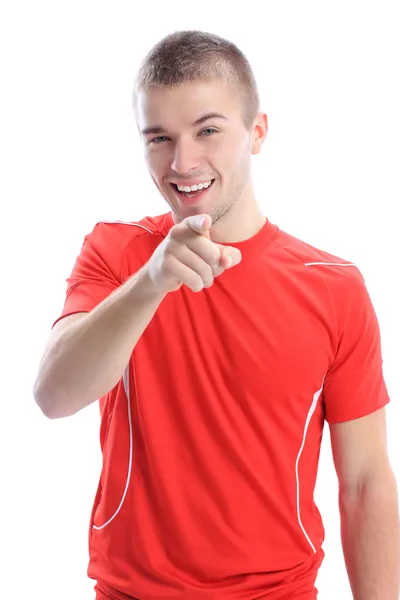 Portrait of a handsome young man pointing finger at you against white background — Stock Photo, Image