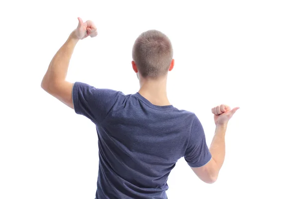Visão lateral traseira de um homem fazendo ok cantar contra um fundo branco — Fotografia de Stock