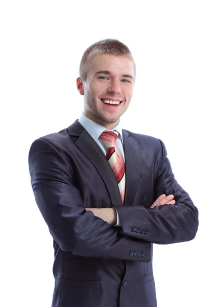 Портрет щасливого усміхненого молодого бізнесмена, ізольованого на білому тлі — стокове фото
