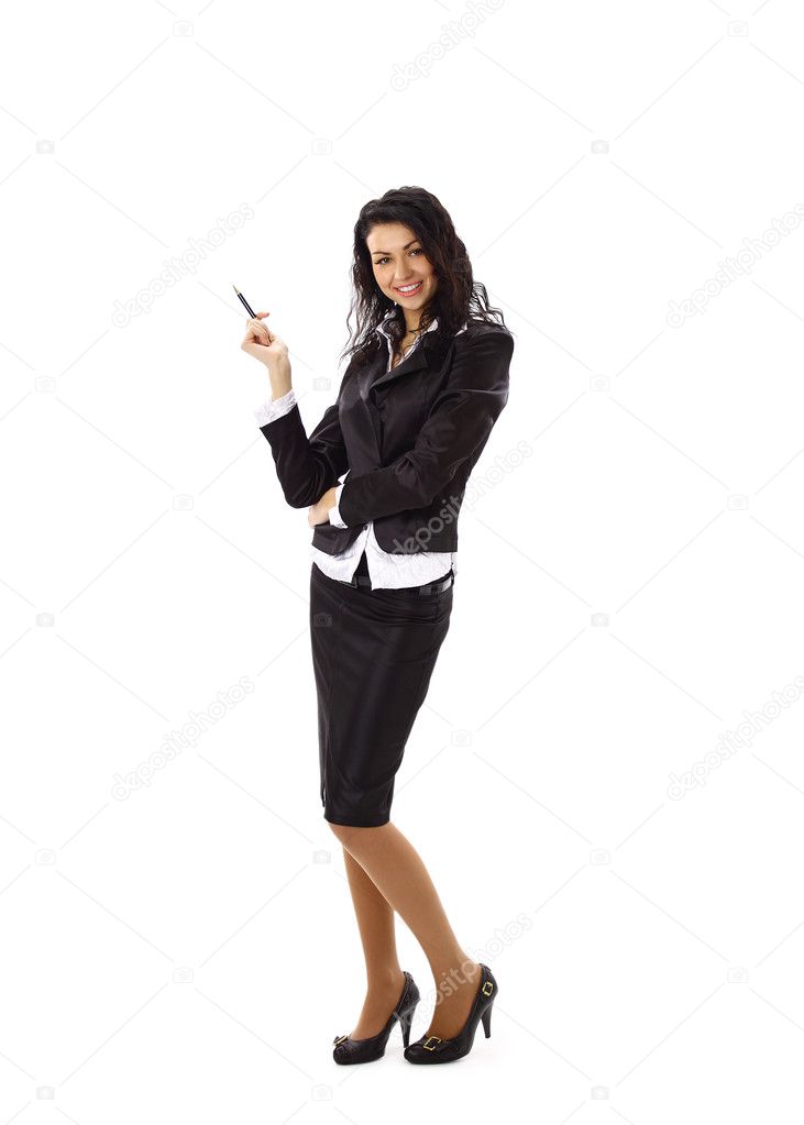 Modern business woman smiling and looking, full length portrait isolated on white background.