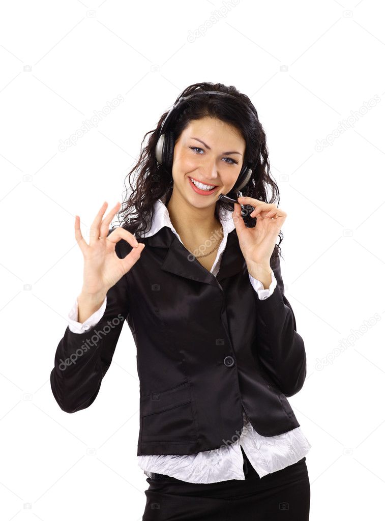Beautiful business woman with headset and showing ok sing.