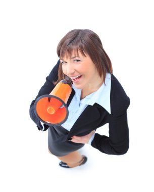 Business woman using megaphone on white background. Top view. clipart