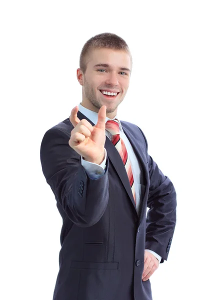 Портрет делового человека, хвастающегося размером с что-то с рукой на белом фоне — стоковое фото