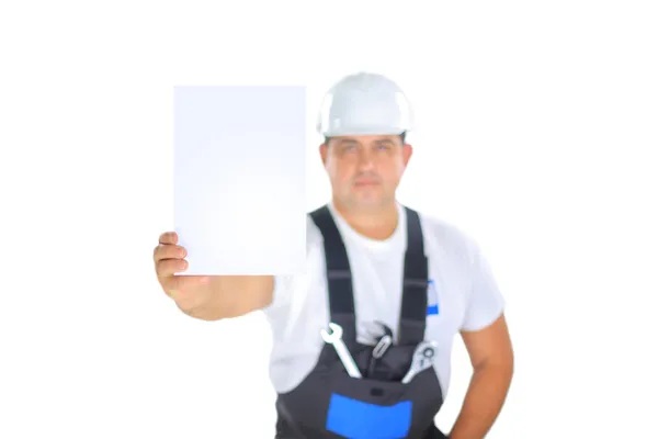 Confident worker presenting empty board and making ok sing — Stock Photo, Image