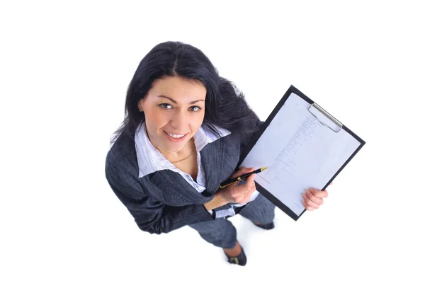 To view of smiling business woman writing in clipboard — Stock Photo, Image