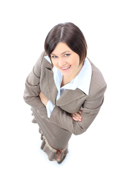 Positieve business vrouw die lacht op witte achtergrond — Stockfoto