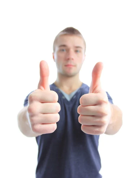 Feliz homem de negócios sorridente com polegares para cima gesto, isolado no fundo branco — Fotografia de Stock