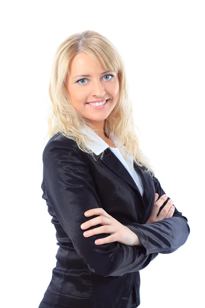 Portret van de close-up van een gelukkige jonge zakelijke vrouw die lacht geïsoleerd op witte achtergrond — Stockfoto