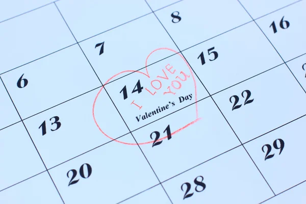 Kalender pagina met een detail van de dag van de Valentijnskaart — Stockfoto