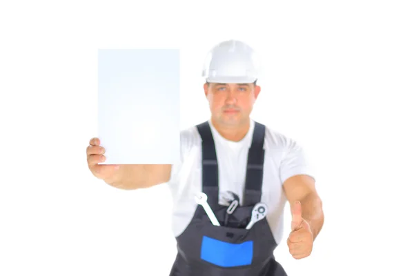 Confident worker presenting empty board and singing ok. Stock Picture